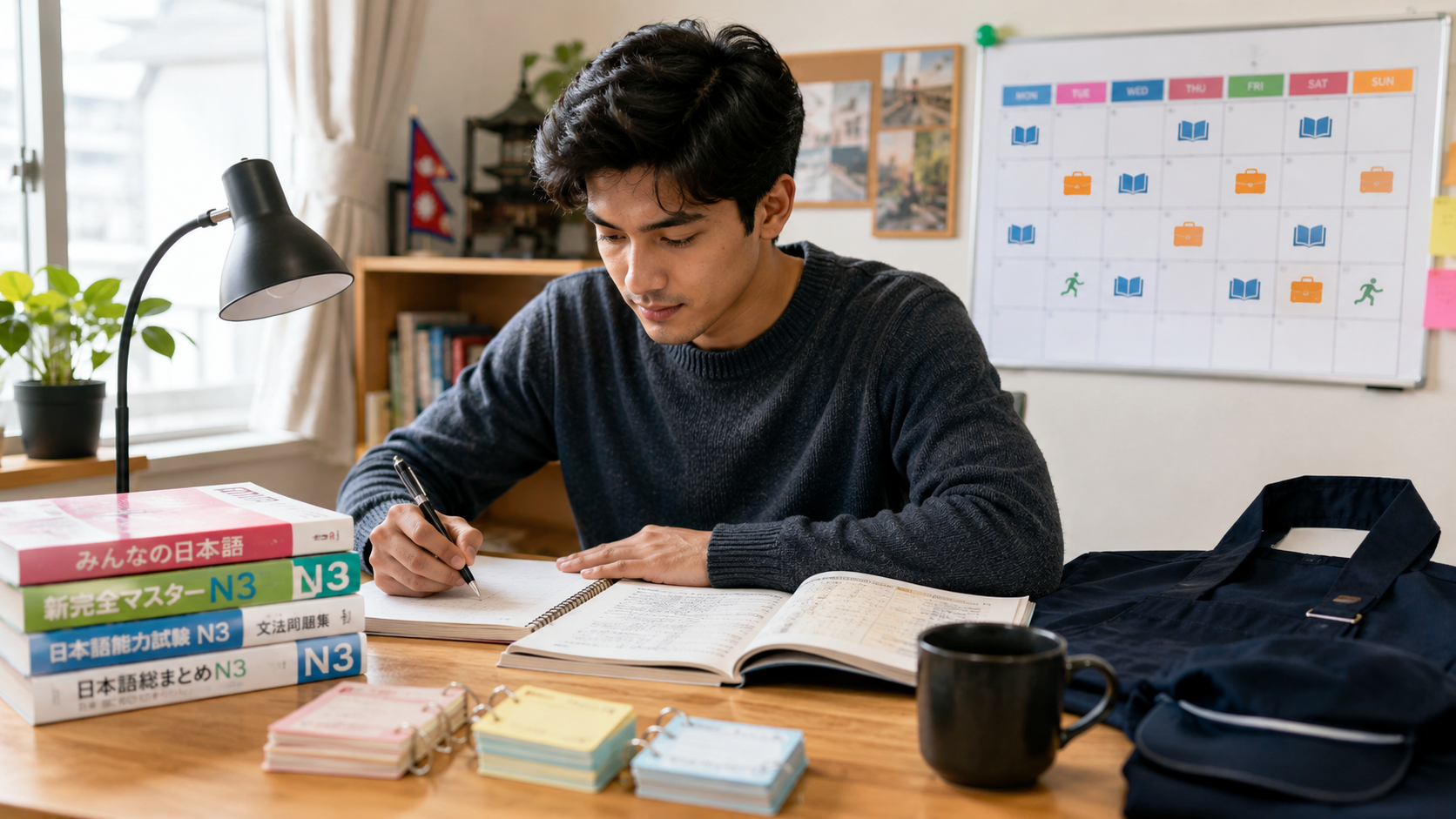 Nepali student studying Japanese at a desk
