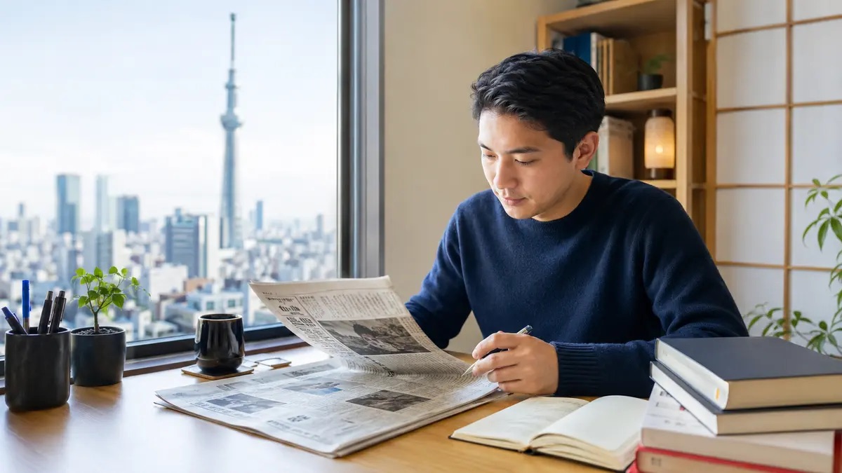 Nepali learner studying a Japanese newspaper for JLPT N2 and N1 reading practice