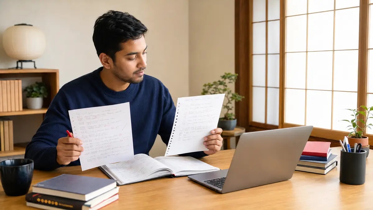 Nepali learner comparing notes to correct common Nepali-to-Japanese translation mistakes