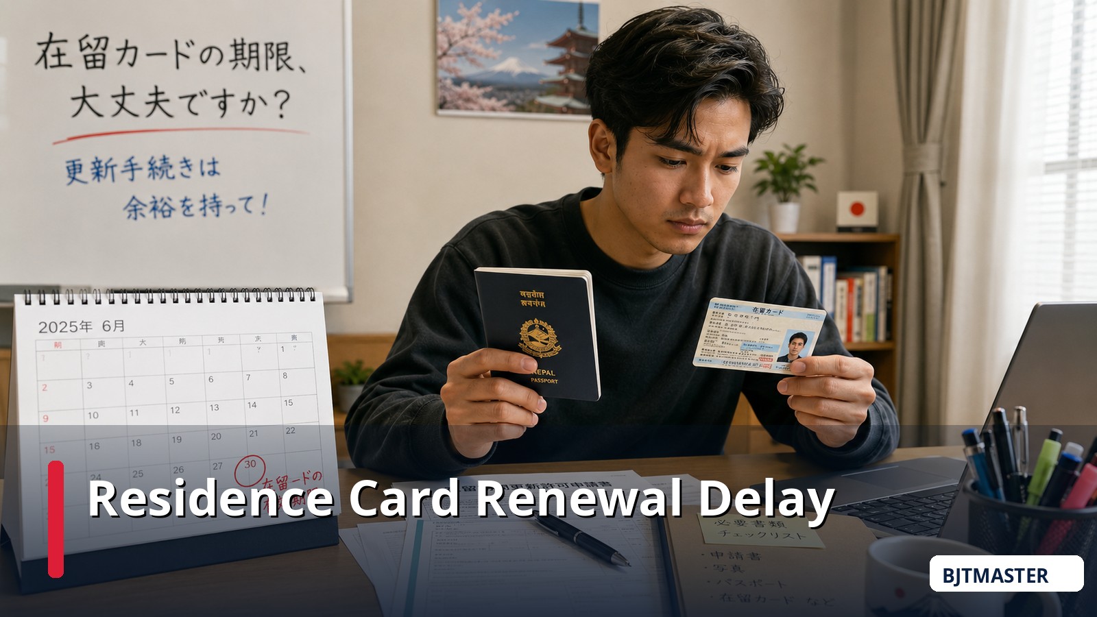 Nepali resident checking documents during a delayed residence card and visa renewal