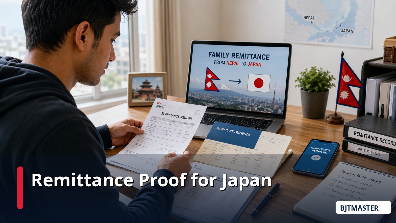 Nepali student organizing remittance proof and bank documents for use in Japan