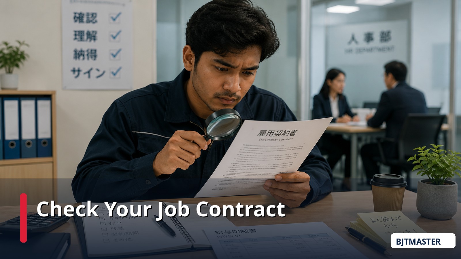 Nepali worker carefully reviewing a Japanese employment contract before signing