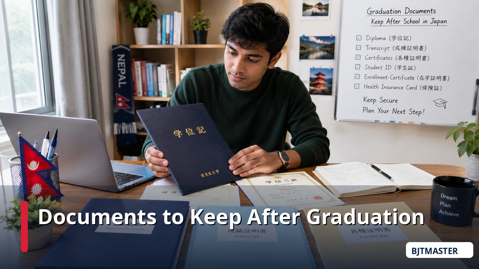 Nepali graduate organizing important school and graduation documents in Japan